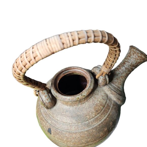 Unusual Clay Pottery Teapot with Rattan Handle Tall Lid Brown Handmade - Picture 3 of 13